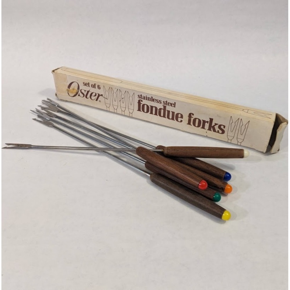 Vintage Oster Stainless Steel Fondue Forks Set of 6 Wood Handles MCM 203187